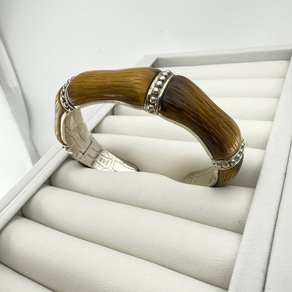Whitney Kelly Bracelet Cuff Tigers Eye Bamboo Hinged Sterling Silver 54g QVC - Picture 3 of 13